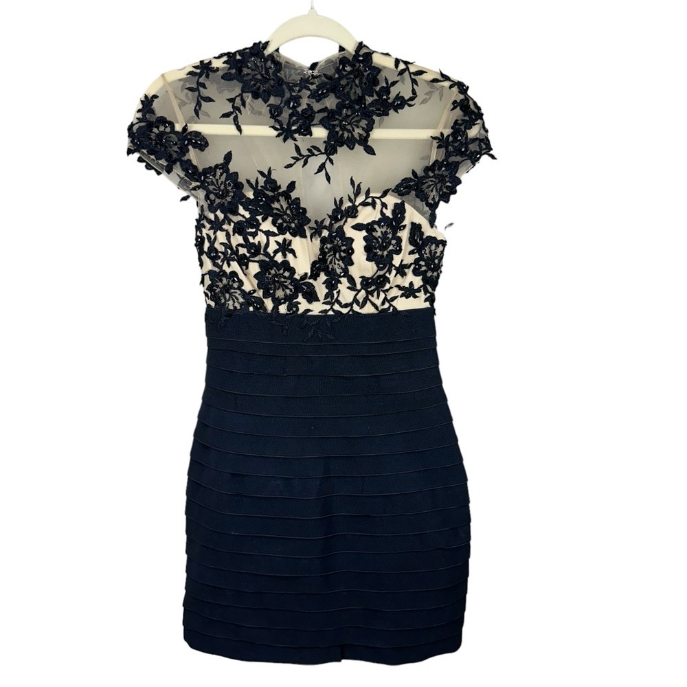 Mac Duggal Black and Nude Lace Illusion Cocktail Dress